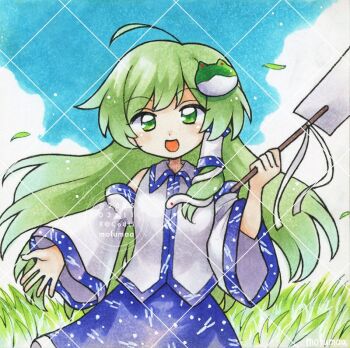 1girl artist_name blue_skirt blue_sky cloud commentary dated day detached_sleeves frog_hair_ornament gohei grass green_eyes green_hair hair_ornament hair_tubes hashtag-only_commentary holding holding_gohei kochiya_sanae long_hair looking_at_viewer mofumaa open_mouth outdoors single_hair_tube skirt sky smile snake_hair_ornament solo touhou traditional_media very_long_hair watermark watermark_grid