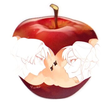 Rule 34 | 1boy, 1girl, alternate hairstyle, apple, appletrend, artist name, bitten apple, blunt ends, blush, bow, eye contact, food, food bite, from side, fruit, fruit background, genshin impact, hair bow, highres, long hair, looking at another, mona (genshin impact), no mouth, nxomii herx, ponytail, profile, scaramouche (genshin impact), sidelocks, tsurime, white background