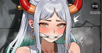 blush commentary_request commission cropped eyelashes gagged green_hair grey_hair horns memmemme multicolored_hair one_piece paid_reward_available pixiv_commission red_horns rolling_eyes two-tone_hair yamato_(one_piece) yellow_eyes