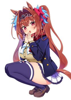 Rule 34 | 1girl, absurdres, animal ears, antenna hair, black jacket, blush, bow, bowtie, breasts, brown hair, brown shoes, brown tail, commentary request, daiwa scarlet (umamusume), frilled skirt, frills, from side, hair between eyes, hair bow, hair intakes, hair ornament, highres, horse ears, horse girl, horse tail, horseshoe ornament, jacket, kaoru (h8qm9), large breasts, loafers, long hair, long sleeves, looking at viewer, open clothes, open jacket, open mouth, pleated skirt, purple skirt, purple thighhighs, red bow, red eyes, red scarf, scarf, school uniform, shoes, simple background, skirt, solo, squatting, tail, thick thighs, thighhighs, thighs, tiara, tracen school uniform, twintails, umamusume, white background, white bow, white bowtie