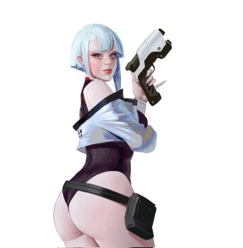 1girl ass bag bangku_an constitutional_arms_unity cyberpunk:_edgerunners cyberpunk_(series) eyeliner gun handgun highres jacket leotard lipstick lucy_(cyberpunk) makeup pistol weapon white_hair
