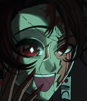Rule 34 | 1boy, absurdres, black background, bright pupils, broken mask, brown hair, cracked kawaii mask, diamond-shaped pupils, diamond (shape), earrings, empty eyes, fingernails, hair between eyes, hand on own face, hand up, highres, i am muzan, jewelry, kamado tanjirou, kimetsu no yaiba, long fingernails, looking at viewer, male focus, mask, nail polish, open mouth, red eyes, red nails, red sun, short hair, simple background, smile, solo, sparkling eyes, symbol-shaped pupils, teeth, upper body, white pupils