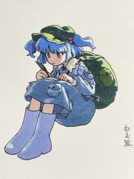 Rule 34 | 1girl, backpack, bag, blue boots, blue eyes, blue hair, boots, closed mouth, commentary request, full body, green bag, green hat, hair bobbles, hair ornament, hat, highres, holding, holding quill, kawashiro nitori, long sleeves, quill, rubber boots, shiratama (hockey), short hair, sitting, solo, touhou, traditional media, two side up, writing