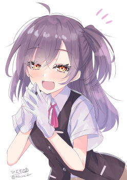 1girl absurdres ahoge asymmetrical_hair black_skirt black_vest blouse breasts brown_eyes gloves hagikaze_(kancolle) highres hizaka kantai_collection kerchief long_hair looking_at_viewer neck_ribbon one_side_up open_mouth pleated_skirt purple_hair red_ribbon ribbon shirt short_sleeves skirt small_breasts smile solo upper_body vest white_gloves