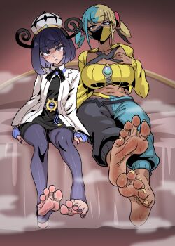 2girls absurdres barefoot black_eyes black_hair blonde_hair blue_eyes blue_hair canari_(pokemon) dark-skinned_female dark_skin feet ga320aaa gwynn_(pokemon) hat highres long_hair looking_at_viewer mask medium_hair mouth_mask multicolored_hair multiple_girls parted_lips pokemon pokemon_legends:_z-a soles steam stirrup_legwear sweat toeless_legwear toes two-tone_hair