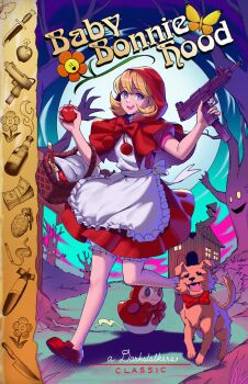 >:) 1girl :d absurdres animal apple apron b.b._hood bare_tree basket blonde_hair bloomers blue_eyes bomb bow bowtie bug butterfly capelet character_name cigarette commentary copyright_name dagger darkstalkers dog doll dress english_commentary english_text explosive flower food fruit full_moon grenade gun happy hidden_weapon highres holding holding_food holding_fruit holding_gun holding_weapon hood insect kitchen_knife knife looking_to_the_side mac-10/11 matryoshka_doll molotov_cocktail money moon night open_mouth picnic_basket plant radiostarkiller red_bow red_bowtie red_capelet red_dress red_hood rocket shack short_hair sky smile submachine_gun tree underwear v-shaped_eyebrows walking weapon white_bloomers