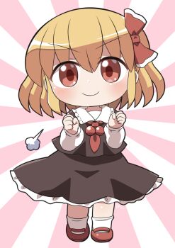 1girl black_skirt black_vest blonde_hair blush chibi chibi_only closed_mouth collared_shirt commentary frilled_skirt frills full_body hair_ribbon hands_up highres long_sleeves looking_at_viewer pink_background puff_of_air red_eyes red_ribbon red_shoes ribbon rokugou_daisuke rumia shirt shoes short_hair signature skirt skirt_set smile socks solo standing sunburst sunburst_background touhou two-tone_background v-shaped_eyebrows vest white_background white_shirt white_socks