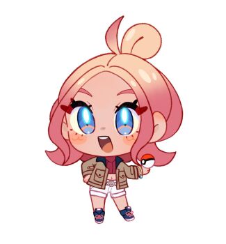 1girl blonde_hair blue_shoes blush_stickers bracelet brown_jacket chibi chibi_only commentary commentary_request crop_top english_commentary eyelashes full_body hand_on_own_hip holding holding_poke_ball jacket jewelry long_sleeves looking_at_viewer midriff multicolored_hair navel nintendo open_clothes open_jacket pink_hair poke_ball poke_ball_(basic) pokemon pokemon_legends:_z-a primal_lazuli shoes short_hair shorts solo standing taunie_(pokemon) teeth two-tone_hair upper_teeth_only white_background white_shorts