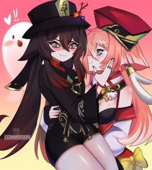 Rule 34 | !, 2girls, :3, absurdres, aqua eyes, artist name, black hat, black jacket, black nails, black ribbon, black shorts, black tank top, blue ribbon, blush, boo tao (genshin impact), bow, branch, breasts, brown hair, carrying, chinese clothes, closed mouth, coin, commentary, cowboy shot, crop top, detached sleeves, english commentary, fang, fingernails, flower, gem, genshin impact, ghost, gold coin, gold trim, gradient background, gradient hair, hair between eyes, half-closed eyes, hand around waist, hand on own face, hand up, hat, hat flower, hat ornament, hat ribbon, heart, highres, hu tao (genshin impact), jacket, jewelry, lapels, long fingernails, long hair, long sleeves, looking at another, mandarin collar, medium breasts, mizah (mizah), multicolored hair, multiple girls, multiple rings, nail polish, open mouth, pink background, pink hair, pink nails, pom pom (clothes), princess carry, puffy detached sleeves, puffy long sleeves, puffy sleeves, red eyes, red flower, red gemstone, red hair, red hat, red shirt, ribbon, ring, rope, shirt, shorts, sidelocks, skin fang, smile, streaked hair, tank top, tassel, thighs, twintails, two-tone background, white hair, white sleeves, wide sleeves, yanfei (genshin impact), yellow background, yellow bow, yuri