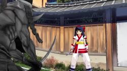 1girl 3d ainu_clothes animated artist_request blue_eyes blue_hair bouncing_breasts breasts demon fighting fingerless_gloves gloves hair_ribbon long_hair medium_breasts nakoruru pants ribbon samurai_spirits slashing smile snk source_request sword weapon video