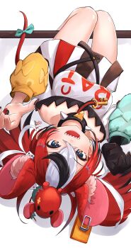 1girl absurdres animal_ear_fluff animal_ears artist_name asymmetrical_sleeves black_gloves black_hair black_streaks blue_eyes bow breasts cheese choker claw_pose daran9 detached_sleeves dice dice_hair_ornament double-parted_bangs food gloves hair_between_eyes hair_ornament hakos_baelz hakos_baelz_(1st_costume) hanging highres hololive hololive_english key medium_breasts mouse_ears mouse_tail mr._squeaks_(hakos_baelz) multicolored_hair multicolored_skirt nail_polish open_mouth red_hair sharp_teeth single_glove skirt spiked_choker spikes stick tail tail_bow tail_ornament teeth thigh_strap uneven_bangs upside-down virtual_youtuber white_background white_hair