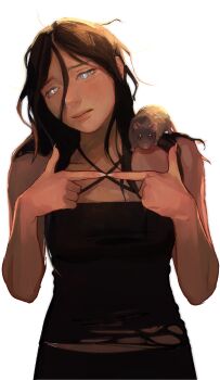 Rule 34 | 1girl, angela he, animal, animal on shoulder, black hair, black pants, black tube top, cowboy shot, criss-cross halter, halterneck, highres, holding, holding animal, index fingers together, looking at viewer, messy hair, mouse (animal), non-web source, official art, pants, pleading eyes, shirt, solo, sparkling eyes, stop burying me alive beautiful!, strapless, tan, torn clothes, torn shirt, tube top, white eyes