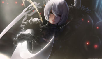 1girl 2b_(nier:automata) black_dress blurry blurry_background breasts cleavage dark_background dress facing_viewer female_focus grey_eyes highres limgae lips machine medium_breasts mole mole_under_mouth nier:automata nier_(series) no_blindfold revision robot silver_hair solo sword upper_body watermark weapon weapon_on_back web_address