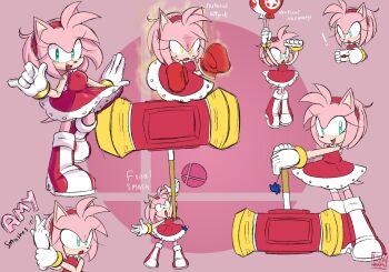 1girl alternate_eye_color amy_rose artist_logo balloon boots boxing_gloves bracelet character_name dress emi_(storminghearts) english_text eyelashes final_smash furry furry_female gloves gold_bracelet green_eyes hairband hammer highres holding holding_balloon holding_hammer jewelry logo nintendo open_mouth pink_fur red_dress sleeveless sleeveless_dress smash_invitation smile sonic_(series) standing standing_on_one_leg super_smash_bros. super_smash_bros._logo tail toy_hammer yellow_eyes