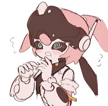 Rule 34 | 1girl, @ @, aria (zenless zone zero), black sclera, blush, colored sclera, commentary request, cropped torso, flying sweatdrops, green eyes, hairband, hands up, headgear, highres, humanoid robot, joints, metal hairband, original, pink hair, robot, robot girl, robot joints, short hair, simple background, siomimi, sketch, upper body, white background, zenless zone zero