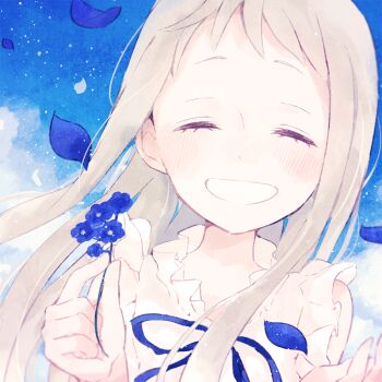 1girl ano_hi_mita_hana_no_namae_wo_bokutachi_wa_mada_shiranai. blush closed_eyes commentary_request dress facing_viewer flower forget-me-not_(flower) grey_hair holding holding_flower honma_meiko koame_1027 long_hair petals smile solo upper_body white_dress