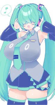 aqua_hair armpits black_skirt black_sleeves black_thighhighs blush breasts covered_eyes detached_sleeves green_hair grey_shirt hair_ornament hair_over_eyes hands_on_headphones hatsune_miku headphones huge_breasts long_hair long_twintails mekakure_miku_(homma_nuruneko) musical_note necktie open_mouth shirt skindentation skirt sleeveless sleeveless_shirt spoken_musical_note standing tegurika_kureme thick_thighs thighhighs thighs twintails vocaloid white_background