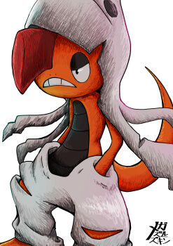 absurdres black_eyes commentary_request frown gen_5_pokemon grey_pants hand_in_pocket highres lolimasdayo mega_scrafty nintendo pants pokemon pokemon_(creature) pokemon_focus scrafty simple_background solo standing teeth white_background