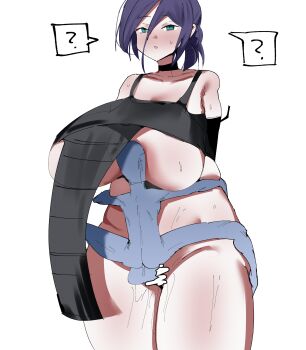 1boy 1girl :o ? absurdres age_difference ahoge bar_censor blush breasts censored chainsaw_man clothed_female_nude_male clothed_sex collar completely_nude female_ejaculation highres juice large_breasts nude pussy_juice reze_(chainsaw_man) rolling_eyes sex shota simple_background size_difference speech_bubble sweat vaginal white_background