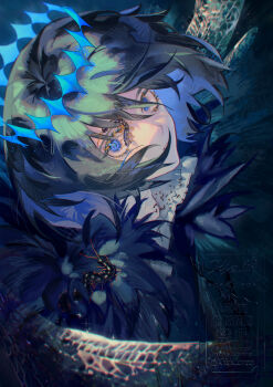 Rule 34 | 1boy, absurdres, black fur, blue eyes, bug, centipede, commentary request, fate/grand order, fate (series), floating hair, fur trim, highres, kikiccree, oberon (fate), oberon (third ascension) (fate), short hair, twitter username