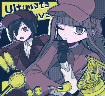 Rule 34 | !, !!, 1boy, 1girl, black gloves, black hair, blunt bangs, braid, brown eyes, chopsticks, collared jacket, collared shirt, commentary request, danganronpa: trigger happy havoc, danganronpa (series), danganronpa v3: killing harmony, deerstalker, detective, eyelashes, gloves, hair between eyes, hat, highres, jacket, kirigiri kyoko, long hair, long sleeves, looking at viewer, magnifying glass, milk o, necktie, nissin cup noodle, one eye closed, open mouth, outline, purple eyes, purple hair, saihara shuichi, shirt, short hair, side braid, smoking pipe, thinking, upper body, white outline