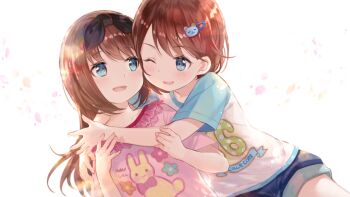 2girls :d ;d aged_down bear_hair_ornament black_bow blue_eyes blue_shorts blue_sleeves blush bow brown_hair frilled_shirt frills game_cg hair_bow hair_ornament hug hug_from_side long_hair multiple_girls non-web_source official_art one_eye_closed open_mouth otori_ai pink_shirt shirt short_hair shorts siblings simple_background sisters smile twins white_background white_shirt yanagiya_kokoro yumeutsutsu_re:master