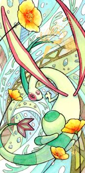Rule 34 | absurdres, aotake tomo, art nouveau, commentary request, fang, flower, flower request, flygon, gen 3 pokemon, highres, nintendo, no humans, open mouth, painting (medium), pokemon, pokemon (creature), signature, traditional media, watercolor (medium), yellow flower