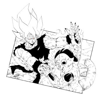 2boys absurdres aura battle battle_damage clenched_hand cowboy_shot dragon_ball dragonball_z fenyon final_form_frieza frieza highres male_focus monochrome multiple_boys muscular muscular_male red_eyes shirt son_goku spot_color super_saiyan super_saiyan_1 torn_clothes torn_shirt white_background