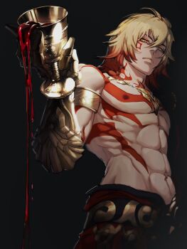 1boy abs arm_tattoo armlet bare_pectorals black_coat blonde_hair braid chest_tattoo clawed_gauntlets coat commentary cup earrings facial_tattoo gold_earrings gold_necklace gradient_hair highres holding holding_cup honkai:_star_rail honkai_(series) jewelry looking_at_viewer male_focus medium_hair multicolored_hair mydei_(honkai:_star_rail) necklace open_clothes open_coat pectorals pouring red_hair red_tattoo ruuhlid side_braid solo symbol-only_commentary tattoo toned toned_male yellow_eyes