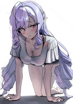 1girl absurdres all_fours alternate_costume blush breasts cleavage closed_mouth commentary highres long_hair looking_at_viewer medium_breasts multicolored_hair pointy_ears purple_hair red_eyes shirt sidelocks solo streaked_hair thighs tora_(kumo_sakamoto) very_long_hair vivian_banshee white_shirt zenless_zone_zero