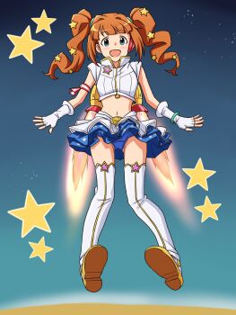 Rule 34 | :d, a-pose, arm strap, belt, blue background, blue panties, boots, commentary request, commission, earpiece, fingerless gloves, floating, full body, gloves, green eyes, hair ornament, high heel boots, high heels, highres, idolmaster, idolmaster million live!, jetpack, jewelry, lielos, midriff, miniskirt, navel, open mouth, orange hair, panties, pixiv commission, planet, ring, skirt, smile, space, star (symbol), star hair ornament, takatsuki yayoi, tank top, thrusters, twintails, underwear, white boots, white gloves