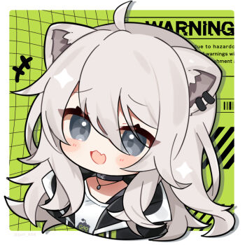 1girl :d ahoge animal_ear_fluff animal_ear_piercing animal_ears black_choker black_jacket blush border chibi chibi_only choker commentary cropped_torso drop_shadow fang green_background grey_eyes grey_hair hair_between_eyes hololive jacket kashiwase_karune lion_ears lion_girl long_hair open_clothes open_jacket open_mouth outside_border shirt shishiro_botan skin_fang smile solo symbol-only_commentary virtual_youtuber white_border white_shirt