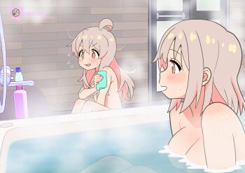 2girls :d absurdres ahoge bathing bathroom blush breasts brown_eyes colored_inner_hair commentary completely_nude flying_sweatdrops grey_hair hair_between_eyes highres indoors large_breasts loli long_hair medium_hair mother_and_daughter multicolored_hair multiple_girls nude onii-chan_wa_oshimai! open_mouth oyama_mahiro oyama_matsuri partially_submerged pink_hair robomito shampoo_bottle sitting smile steam two-tone_hair v-shaped_eyebrows water