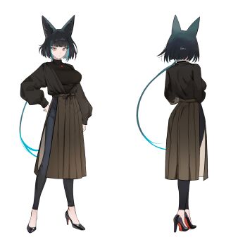 1girl animal_ear_fluff animal_ears artist_request black_hair black_pants black_shirt black_shoes breasts brown_skirt closed_mouth commission fox_ears hand_on_own_hip high_heels highres jewelry large_breasts long_hair long_sleeves looking_at_viewer multiple_views original pants pendant second-party_source shirt shoes simple_background skirt standing white_background yellow_eyes