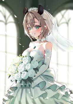 Rule 34 | 1girl, animal ears, bare shoulders, blurry, blurry background, bouquet, breasts, bridal veil, bride, brown hair, choker, commentary, depth of field, dress, elbow gloves, english commentary, flower, flower choker, gloves, green eyes, grin, hair between eyes, highres, holding, holding bouquet, indie virtual youtuber, indoors, jewelry, large breasts, looking at viewer, necklace, nimi nightmare, pyrokuro, rose, short hair, smile, solo, strapless, strapless dress, tapir ears, tapir girl, veil, virtual youtuber, wedding dress, white dress, white flower, white gloves, white rose