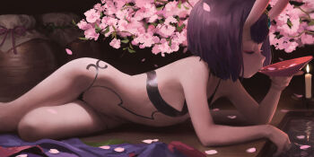 1girl absurdres alcohol candle cherry_blossoms closed_eyes cup dark_background drinking eyeshadow fate/grand_order fate_(series) female_focus hair_ornament highres horns loli lying makeup on_side petals petals_on_liquid pumpkinspicelatte purple_hair revealing_clothes sakazuki sake short_hair shuten_douji_(fate) skin-covered_horns solo water