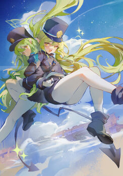 2girls :3 :d absurdres armband back-to-back belt black_belt black_hat black_jacket black_shoes black_tail blue_archive blue_armband blue_boots blue_shorts blue_skirt blue_sky boots closed_mouth cloud commentary_request demon_girl demon_tail dezhouyou_touguigui fang floating floating_hair gloves green_hair green_halo hair_between_eyes halo hat highres hikari_(blue_archive) jacket knee_up locked_arms loli long_hair long_sleeves looking_at_viewer looking_back midair multiple_girls nozomi_(blue_archive) open_mouth outdoors pantyhose peaked_cap pleated_skirt pointy_ears shirt shoe_soles shoes shorts siblings sisters sitting skirt sky smile sparkle star_(sky) starry_sky tail thighs train twins twintails very_long_hair white_gloves white_pantyhose white_shirt yellow_eyes