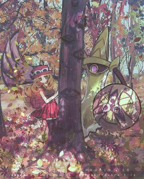 1girl aegislash autumn_leaves black_shirt black_thighhighs blonde_hair commentary_request eyewear_on_headwear full_body gen_6_pokemon grey_eyes hat highres holding holding_shield horimhkw11 leaf long_hair looking_at_another low-tied_long_hair nintendo one-eyed outdoors pink_bag pink_hat pokemon pokemon_(creature) pokemon_xy purple_eyes red_skirt serena_(pokemon) shield shirt skirt sleeveless sleeveless_shirt standing sunglasses sword thighhighs tree weapon white-framed_eyewear