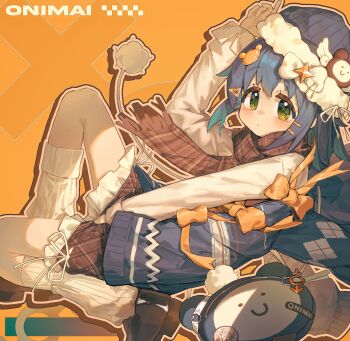 1girl absurdres alternate_costume ap04astral azuma_chitose bare_legs black_shoes blue_hair blush bow brown_scarf character_badge closed_mouth commentary_request copyright_name fur-trimmed_headwear fur_trim green_eyes hair_ornament hairclip hat highres long_hair long_sleeves looking_at_viewer loose_socks male-female_symbol onii-chan_wa_oshimai! orange_background orange_bow scarf shoes simple_background socks solo tenkawa_nayuta white_socks