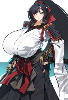 1girl absurdly_long_hair aqua_hair armor autumn_leaves black_gloves black_hair black_hakama breasts feet_out_of_frame fingerless_gloves forehead_protector gigantic_breasts gloves gradient_hair grey_eyes hachimaki hair_ribbon hakama headband highres holding holding_sheath holding_sword holding_weapon huge_breasts japanese_armor japanese_clothes katana kimono konoshige_(ryuun) kote leaf long_hair multicolored_hair original ponytail red_ribbon ribbon scabbard sheath shoulder_armor sode solo standing sword tabi tasuki unsheathed very_long_hair weapon white_kimono wide_sleeves