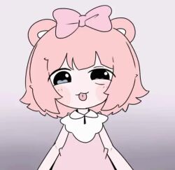 1girl :p animal_ears animated bare_arms bear_ears black_eyes blush bow chromu dress gradient_background grey_background h@nk hair_bow indie_virtual_youtuber looking_at_viewer medium_hair pink_bow pink_dress pink_hair simple_background smile solo suggestive_fluid tagme tongue tongue_out upper_body video virtual_youtuber
