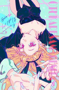 1girl animal_ears black_jacket black_leotard blonde_hair blue_background breasts cleavage commentary_request eyelashes fake_animal_ears fingernails heart highres jacket kitagawa_marin leotard long_fingernails long_hair lying medium_breasts nkthnm0306 on_back pink_nails playboy_bunny purple_eyes rabbit_ears solo sono_bisque_doll_wa_koi_wo_suru strapless strapless_leotard twitter_username upside-down