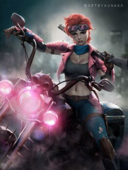 1girl armor belt blue_pants blurry blurry_background breasts brown_belt brown_gloves cleavage comic_cover commentary crop_top dust english_commentary g.i._joe gloves goggles goggles_on_head grey_shirt gun highres holding holding_gun holding_weapon kunkka large_breasts looking_at_viewer midriff motor_vehicle motorcycle navel official_art on_motorcycle open_clothes open_vest orange_hair pants pauldrons pink_armor pink_vest purple-tinted_eyewear purple_eyes shirt short_hair shotgun shoulder_armor solo tinted_eyewear torn_clothes torn_pants torn_shirt twitter_username vest weapon zarana