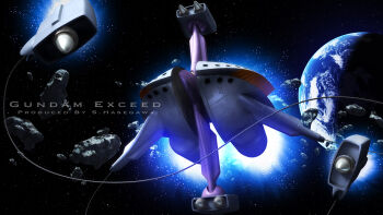 3d asteroid battle beam_cannon braw_bro cable commentary_request earth_(planet) english_text fake_screenshot gundam highres machinery mecha mecha_focus mobile_armor mobile_suit_gundam no_humans planet realistic robot s.hasegawa science_fiction signature space zeon zero_gravity