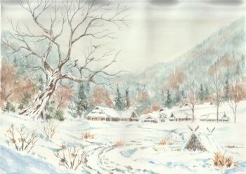 Rule 34 | bare tree, building, commentary request, day, forest, hill, landscape, nature, no humans, original, outdoors, overcast, paruperu, scenery, sky, snow, traditional media, tree, winter