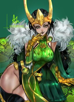 1girl absurdres arialla_draws black_hair black_leotard black_thighhighs breasts closed_mouth commentary dress fake_horns genderswap genderswap_(mtf) gold_gloves green_background green_dress green_eyes highres horned_headwear horned_tiara horns lady_loki large_breasts leotard loki_(marvel) looking_at_viewer marvel marvel_rivals pelvic_curtain seductive_smile smile solo thighhighs tiara