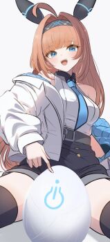 1girl bare_shoulders black_shorts black_thighhighs blue_eyes blue_necktie breasts commentary_request grey_background grey_hairband hairband heichi highres jacket lishenna_(shadowverse) long_hair looking_at_viewer medium_breasts necktie orange_hair shadowverse shadowverse:_worlds_beyond shirt shorts solo thighhighs thighs white_jacket white_shirt