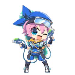 Rule 34 | 1girl, :d, bandana, black footwear, black gloves, black overalls, blue bandana, blue eyes, blue overalls, blue shirt, boots, character request, chibi, commentary request, dual wielding, fang, fingerless gloves, full body, gloves, goggles, goggles on head, gun, hair between eyes, holding, holding gun, holding weapon, hop step jumpers, lets0020, looking at viewer, medium bangs, multicolored overalls, one eye closed, open mouth, overalls, pink hair, shirt, short hair, simple background, smile, solo, transparent background, v-shaped eyebrows, water tank, wavy hair, weapon