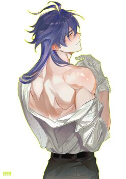 Rule 34 | 1boy, absurdres, ahoge, black pants, blue hair, blush, changing clothes, closed mouth, flins (genshin impact), from behind, genshin impact, gloves, highres, long hair, male focus, pants, shirt, single bare shoulder, snvvvo, solo, white background, white gloves, white shirt, yellow eyes