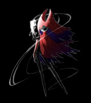 1girl aannyeongh40018 arm_up arthropod_girl arthropod_limbs black_background black_eyes black_skin cloak colored_skin dark_skin full_body glowing glowing_hand halo highres hollow_eyes hollow_knight hollow_knight:_silksong hood_over_one_eye horned_mask hornet_(hollow_knight) horns mask red_cloak red_hood simple_background standing torn_cloak torn_clothes white_mask
